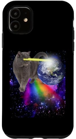 iPhone 11 Space Cat Laser Eyes Rainbow Funny Cat Case