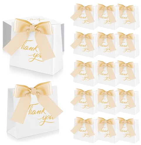 50 Stück Geschenktüte mit Schleifen, SHAIDOJIO Klein Geschenktüte mit Hellgold Seidenband Geschenktüte Papier für Partys Feste Hochzeiten Geburtstagstüten Hochzeitstüten Brautjungferntüten-Weißgold