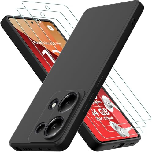 Oureidoo Funda para Xiaomi Redmi Note 13 Pro 4G / Poco M6 Pro 4G con 3 Unidades Cristal Templado, Carcasa de Sedoso-Tacto Suave Silicona, Cubierta a Prueba de Golpes con Forro de Microfibra, Negro