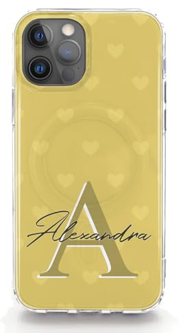 Hairyworm Personalised Phone Case for Apple iPhone 11, 12, 13, 14, 15 Pro, Plus, Pro Max with Heart Pattern and Personalised Initial and Custom Name Cover in Yellow