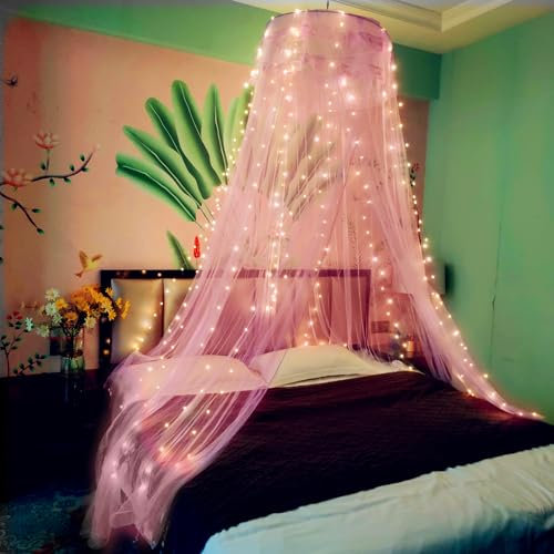 Eimilaly Spitze Betthimmel Moskitonetz mit warmen Lichtern, Prinzessin Betthimmel für Mädchen Zimmerdekoration, Pink/Einzeltür