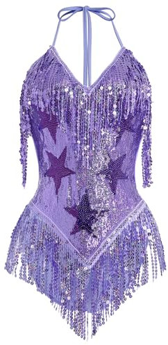 IBAKOM Tenue rave pour femme - Tenue sexy de festival de musique - Sexy - Paillettes - Robe scintillante - Pour club, fête, boîte de nuit, festival, danse, clubwear, fête, coupe ajustée, Violet, M