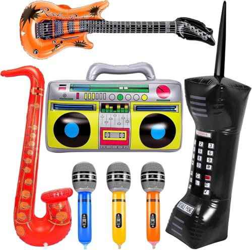 Inflatable Rock Star Party Props,Inflatable Guitar Mobile Phone Boombox Microphones Inflatable Instruments for 80's 90's Theme Party Decorations,Rock and Roll Hip Hop Theme Party Favors