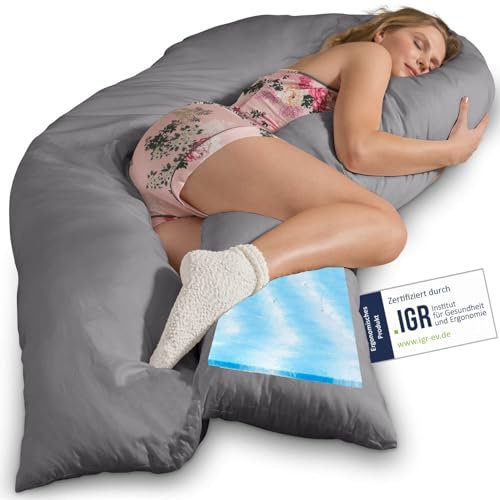 Traumreiter Visco XXL Seitenschläferkissen mit Bezug Baumwolle Graphit Grau, Hybrid Kissen + 1cm Memory Foam, U förmiges Schwangerschaftskissen Gel Body Pillow Komfortkissen Ergonomie Zertifiziert
