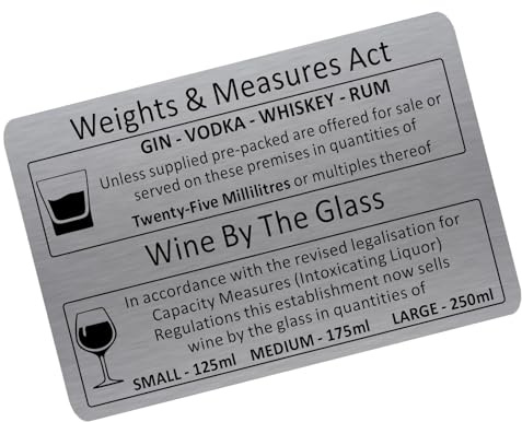 Weights and Measures Act Aluminium Brushed SILVER Metal Sign Tin Alcohol Wine Glass Gin Vodka Measurement Whiskey Rum Notice Information Pub Bar Restaurant SMALL 150x100mm ME25