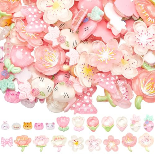 SOFPLATE 120 Stück 7 Stile Kawaii Cabochons Slime Charms Blumen Verschiedene Flache Rückseite Transparente Tiere Süßer Tiger Kaninchen sakuras Blumen Schleifen Karotten Cabochon Für DIY Bastelarbeiten