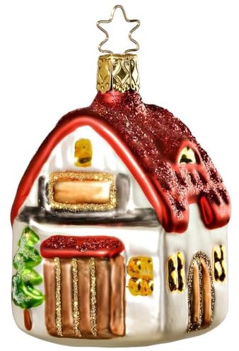 Christbaumschmuck Weihnachtshaus 8cm - Glas Figur zum Aufhängen - mundgeblasen & handbemalt - Weihnachtsbaum Anhänger für Weihnachten - Christbaumanhänger & Weihnachtsbaumschmuck - Haus Weiß Bunt