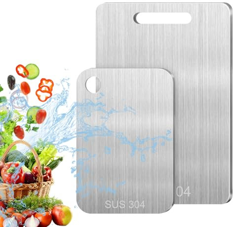 2 Pieza Tabla Cortar de Grado Alimenticio de Doble Cara, Tabla Cortar de Acero Inoxidable para Cocina, Acero Inoxidable Cutting Boards for Kitchen, para Cortar Carne Frutas Verduras, 34x23cm + 25x15cm