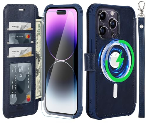VANAVAGY Wallet Case for iPhone 14 Pro for Magsafe,Navy blue | PU Leather Flip,Slim,12ft Drop Protection,RFID Blocking Card Holder,Magsafe Wireless Charging,Includes Screen Protector