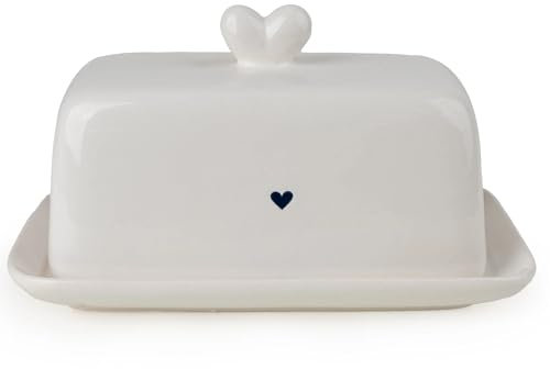 Home Deco London Ceramic Butter Dish with Heart Design, White