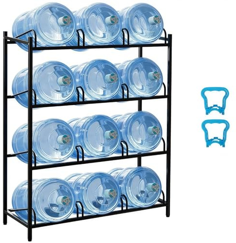 5 Gallon Water Jug Holder with 2 Carry Handles, Detachable Water Bottle Holder for 12 Bottles Without Wobbling, Heavy Duty 4 Tier Water Bottle Storage Rack for Home, Office, Kitchen, Warehouse, Black
