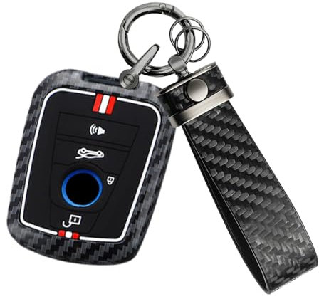 ATFIGII Coque de clé de Voiture Kohlenstoff-Muster Porte clé Compatible avec BMW i3 i3s i8-Reihe Protège clé mit Porte clé 4 Boutons F-Horn