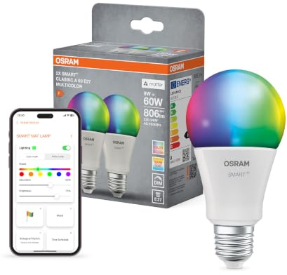Osram SMART+ Birne mit Matter over Wifi, Vorteilspack mit 2 Stück, E27-Sockel, 9W, 16 Mio RGB-Farben, warmweiß-tageslichtweiß (2700-6500K), funktioniert mit Alexa, Google und Apple, 2er-Pack