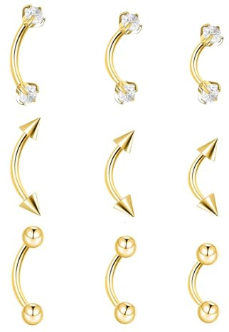 9PCS Gold Eyebrow Piercing Jewelry Titanium, Rook Jewelry Gold Surgical Steel Silver Eyebrow Rings for Women Men CZ Tiny Labret Lip Daith Navel Belly Button Helix Tragus Piercing Jewelry 16G 6mm/8mm/10mm