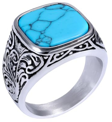 JewelryWe Türkis/Achat Ring Siegelring für Herren, Vintage Schnitzerei Edelstahl Herrenring Quadratischer Fingerring Retro Biker Band Schmuck Geschenk für Männer