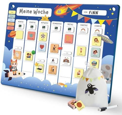 Rabano Wochenplaner Kinder | Magnettafel Kinder für die Wochenplanung | 200 Magnete, Montessori-Wochenplanung, unterstützt Routinen bei ADHS, Verantwortung und Selbstständigkeit im Alltag