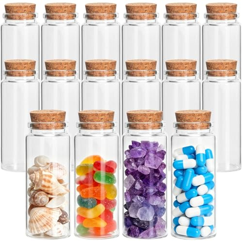 Acetiti 16 Piezas 80ml Botellas de Cristal con Tapa de Corcho, Mini Botella de Vidrio Frascos Pequeños Tarros de Cristal para Caramelos, Especias, Fiesta, DIY, Regalitos de Bodas, Decoración