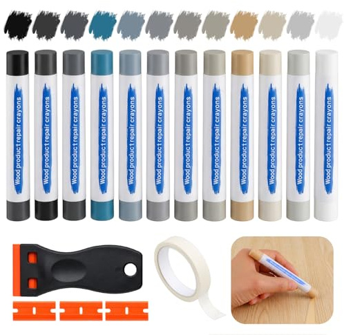 12 Farben Hartwachs Reparaturset, Laminat Reparaturset, Vinyl Reparaturset | Parkett Reparatursets mit Schaber Abdeckband für Holz Fliesen Kratzer Risse Löcher, Reparatur von Löchern Kratzern Rissen