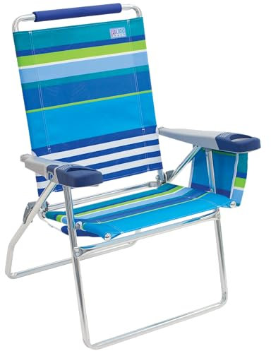 Rio Beach Strandstuhl, 43,2 cm, erweiterte Höhe, 4 Positionen, klappbar, Getränkehalter, Armlehne, Aluminium, Blau/Weiß/Grün