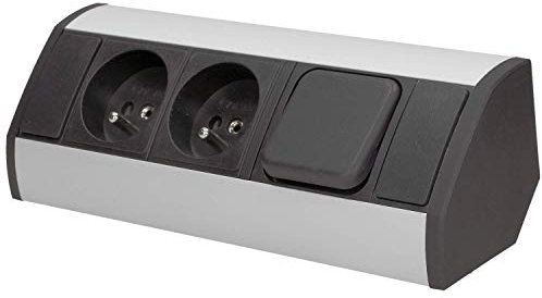 Orno OR-GM-9002/B-G Ecksteckdose 2 Fach mit Schalter und Kindersicherung, Ideal für Küche, Büro und Arbeitsplatte || 45° Aufbau-Montage || 3680W Standard-Steckdose: French (typ E)