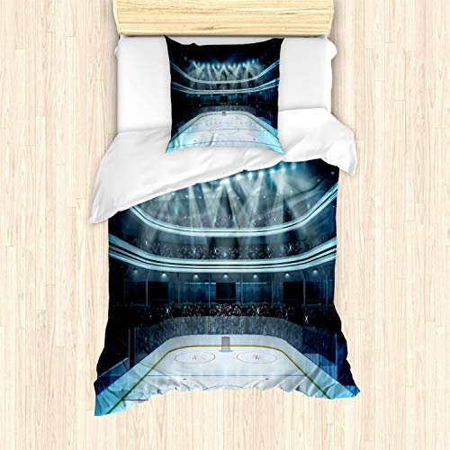 ABAKUHAUS Eishockey Bettbezug Set für Einzelbetten, Sport Arena Foto Fans, Milbensicher Allergiker geeignet mit Kissenbezug, Dunkelblau Weiß