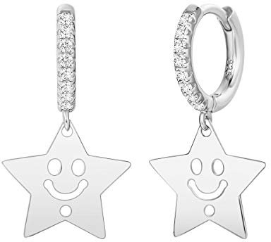 925 Sterling Silber mit Weiß Gold Plattiert Creolen Ohrringe Hängend Klein Ohrhänger mit Hochglanzpoliert Funkelnde Runde Smiley Stern Anhänger für Damen Mädchen Kinder