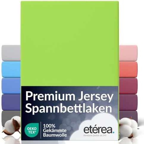 etérea Jersey Spannbettlaken Premium 180x200-200x200 cm Apfelgrün | 160 g/m² gekämmte Baumwolle Spannbetttuch · Rundumgummizug · bügelfrei & farbecht · OEKO-TEX Made in Green