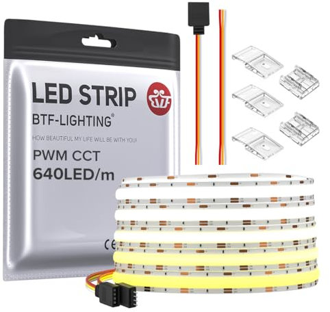 BTF-LIGHTING Bande LED flexible haute densité 5M 640LED/m accordable 3000K-6000K CRI 90+ dimmable ruban lumineux LED déformable pour décoration intérieure sous meuble chambre chambre cuisine DC24V