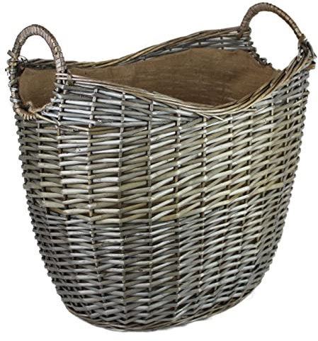 Oval Grey & Antiqued Wicker log baskets. Hessian lined. Wood & kindling storage for home hearths and fireplace. Large wood burner bin (Hoop Handle, 35 cm)