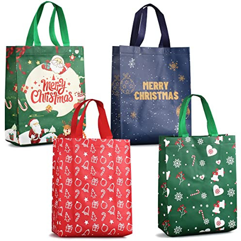 4 x Weihnachtsgeschenktüten, Weihnachtstragetaschen mit Griffen, Weihnachtsleckereien, multifunktionale Vliesstoffe tüten zum Einpacken von Geschenken, Weihnachtsparty-Zubehör, 31 x 25 x 11,5 cm