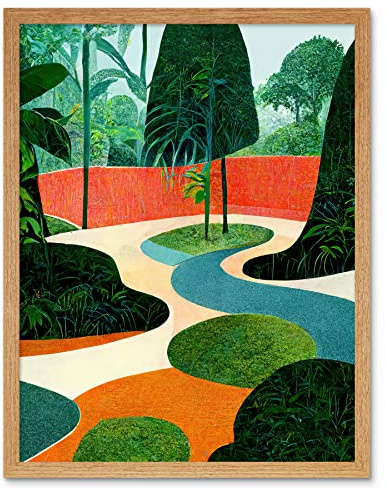 Wee Blue Coo Midcentury Style Garden Abstract Jungle Painting Orange Teal Green Art Print Framed Poster Wall Decor 12x16 inch