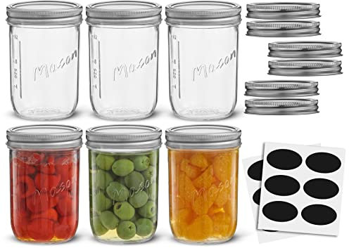 16 Oz Mason Jars With Lids, Labels and Measures! 6-Pack Wide Mouth Mason Jars, Glass Jar with Lid and Band. Airtight Canning Jars, Overnight Oats Jars, Salad Jars, Sourdough Starter Jar
