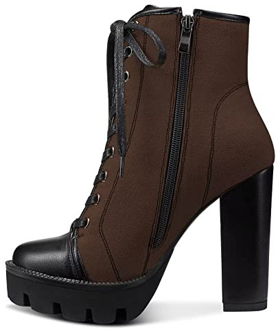 NobleOnly Donna Alto High Tacco Heel Piattaforma Rotonda Punta Stivaletti Cerniera Lacci Equitazione Stivali Classico Feste Ufficio 13 CM Heels Marrone 36 EU