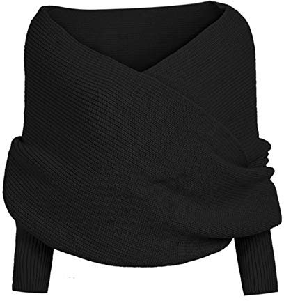 Gehäkelter Langer Fester Schal mit Schalärmeln für Frauen, weicher Strickschal Damen Schal Sommer Klein (Black, One Size)