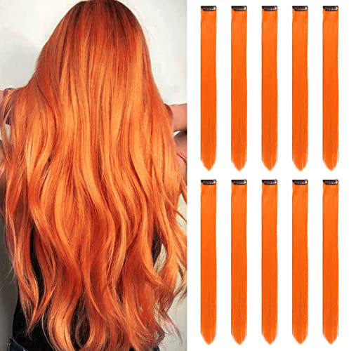 Orange Haarverlängerungen Clip In für Mädchen 22 Zoll bunte gerade Haarverlängerungen für Party Highlights gefärbtes Haar Zubehör Haarteile für Kinder Frauen(10 PCS Orange)