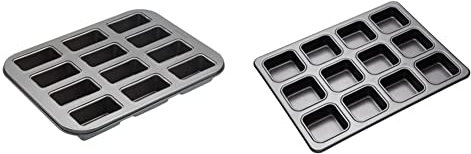 MasterClass Mini Loaf Tin with Loose Bases and PFOA Non Stick in Gift Box, 12 Holes Robust 1 mm Carbon Steel, 27 x 35.5cm, Grey & KCMCHB69 Brownie Tin with Dividers, 34 x 26 cm, Grey