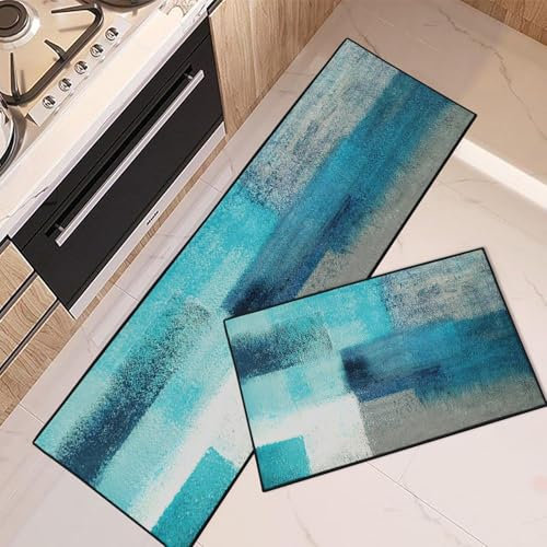 ArtSocket Küchenteppiche und Matten, rutschfest, waschbar, 2er-Set, Blaugrün, Grau, Küchenläufer, Teppich, Grün, Türkis, abstrakt, Bodenmatte unter der Spüle, Überwurfteppich für Fußmatte
