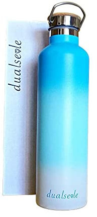 Eco Trinkflasche 1L Doppelwandig Isoliert aus Edelstahl mit Bambusdeckel (Blue Sky)