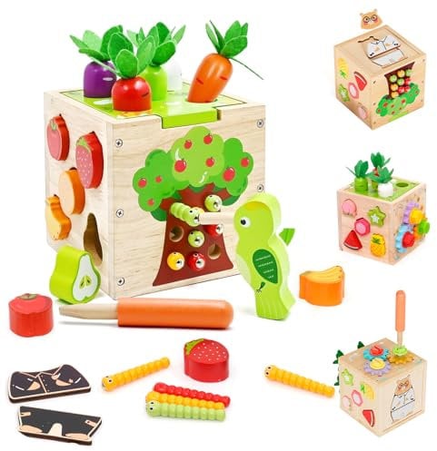 5 in 1Montessori Motorikwürfel,Activity Cube,Steckwürfel enthalten Formen zuordnen, Karotten ernten,Insekten fangen,Zahnräder,Holzwürfel,Early Development & Activity Toys,Lernspielzeug ab 1 Jahr.