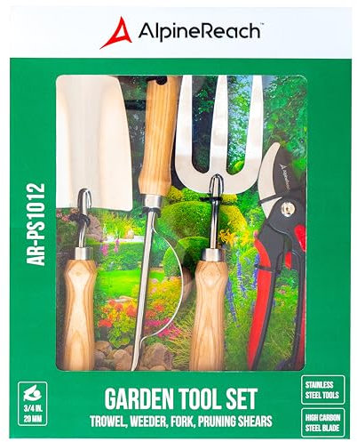 AlpineReach Garden Tools Set Gift Box, Premium 4 Piece, Patio Weeding Remover Tool, Ergonomic Bypass Secateurs for Gardening, Heavy Duty Stainless Steel Fork, Trowel, Weeder, Pruning Shears, Durable