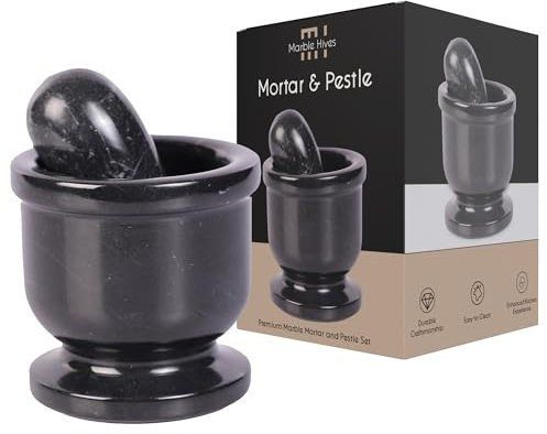 Exquisite Marble Mortar and Pestle Set - Your Ultimate Kitchen Essential for Grinding Spices, Making Guacamole, Salsa, Pesto, and Crushing Pills (Oval Shape (2.5) (Black, 2.5)