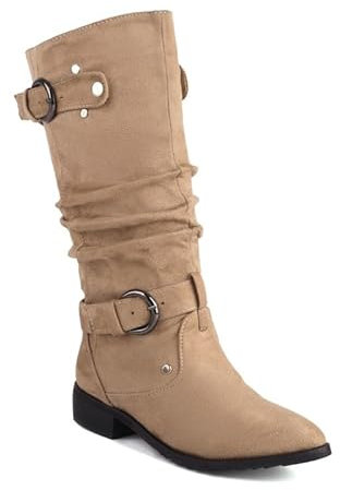 JIEEME Camoscio blockabastz slip-on tacco basso con 3 cm punta rotonda fatti a mano stivali lunghi per le donne di grandi dimensioni ttt999s, beige., 45 EU
