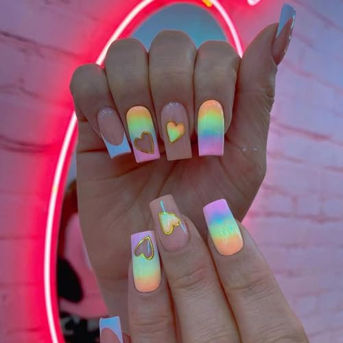 Ceboic 24 Stück Press on Nails Mittel, Eckig Nägel zum Aufkleben French Künstliche Nägel, Square Full Cover Kunstnägel mit Liebe Regenbogen Design Acryl Fingernägel Falsche Nägel für Frauen