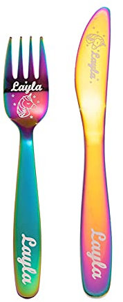 Personalised 2PCS Children Unicorn Cutlery Set with Customised Patterns and Names Stainless Steel Flatware Safe Utensils for Kids Toddler Ideal for Kitchen Home - Fork+Knife