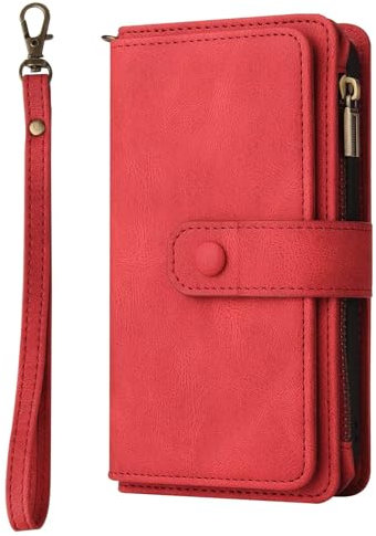 SsHhUu Porte-Monnaie Coque pour Motorola Moto E13,Cuir Rétro Fermeture à glissière,16 emplacements for Cartes magnétique Flip Fonction Stand Case,Rouge