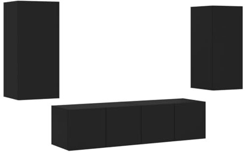 vidaXL Wohnwand 4-TLG., Schrankwand mit viel Stauraum, Anbauwand mit LED-Beleuchtung, Wandmontage Fernsehschrank Wohnzimmer Set Schrank, Schwarz Holzwerkstoff