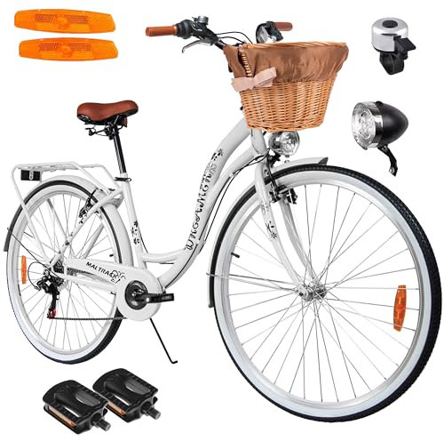 Maltrack Citybike Stadtfahrrad Dreamer mit Korb 6-Gang Weiß 28 Zoll Tiefeinsteiger Gepäckträger Hollandrad
