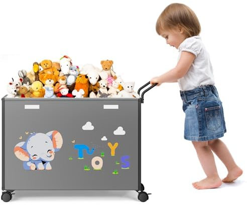 BBLIKE Toy Box with Lids on Wheels - Large Toy Storage Boxes with Push Handle Cartoon Kids Toy Organizer Fabric Toy Chest for Boys, Girls, Clothes, Books, Nursery (Grey)