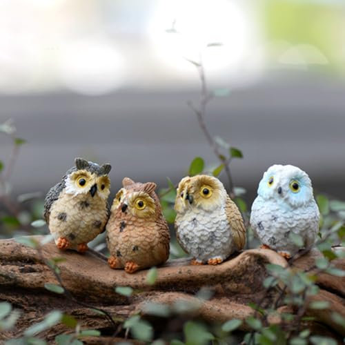 Purple Star Mini Owls 4 Pack Little Owls Ornament Miniature Owl Figurines for Fairy Garden Accessories Mini Resin Animals Figures Tiny Owl for Cake Decorations Gifts White
