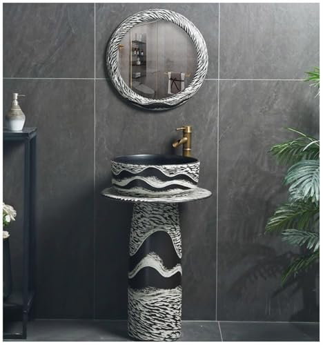 ZTGL Lavabo sur Colonne Rond Peint à la Main en Noir et Blanc, Lavabo Colonne Céramique, Rétro Salle de Bain Vasque Art Lavabo Colonne pour Cafe Clubhouse Bar,4 Piece Set